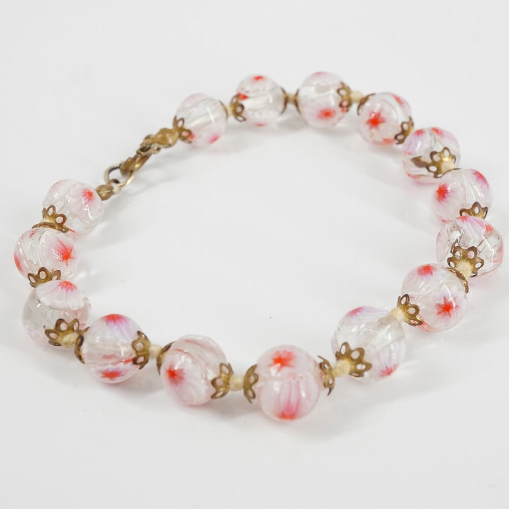Vintage Venetian Floral Art Glass Beaded Bracelet Pink Red Size 7.1 Inch